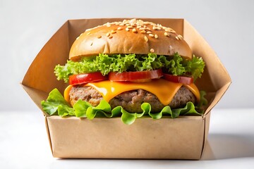 Delicious gourmet hamburger with melted cheese and fresh lettuce in a cardboard takeaway box