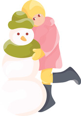 A girl with a snowman. New Year's illustration, children playing outside in winter.