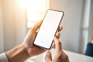 Close up of a person holding a modern smartphone with a blank white screen in their hands