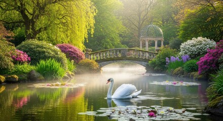 A serene garden scene with a swan on a pond, lush greenery, and a bridge in the background.