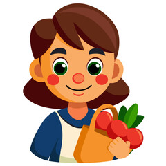 Obraz premium Happy cartoon girl holding fruit basket in a bright illustration