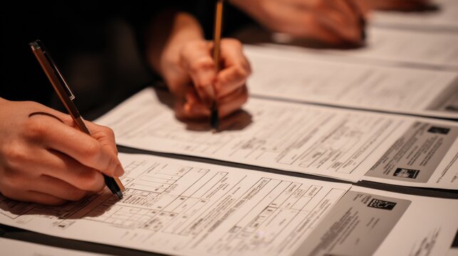 Medium shot of team members filling out detailed surveys focusing on the evaluation of company ethos and employee satisfaction levels.