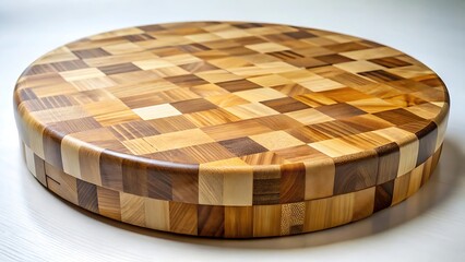 Round wooden cutting board with a unique checkerboard pattern made of many small wood pieces