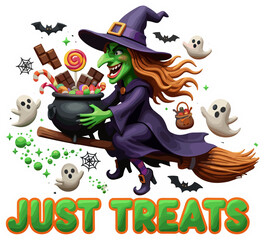 Witch flying on broom with cauldron of candy ghosts bats for Halloween