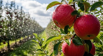 Red apples on a tree branch in an orchard, with water droplets on them.