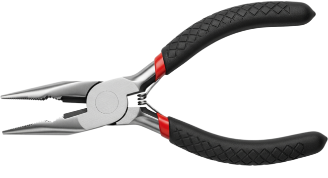 3d illustration of needle nose pliers with black and red handles isolated on transparent background for gripping small objects