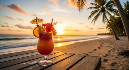 A tropical beach scene with a colorful cocktail on a wooden table.