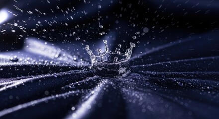 A water droplet forming a crown on a dark surface.