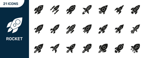Rocket Icon Silhouette Set. Space Exploration, Innovation, And Startup Launch Symbols Collection. Futuristic Technology And Adventure. Isolated Vector Illustration