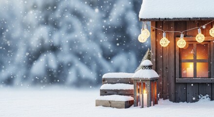 A cozy wooden cabin with a lit candle and Christmas lights, surrounded by snow and a snowy forest in the background.