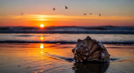 A conch shell on a beach at sunset with birds flying in the sky.
