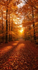 Fototapeta premium Autumnal Forest Path with Golden Leaves and Sunlit Vista in Vertical Composition Scenic Tranquility
