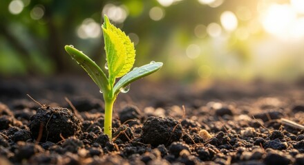 A young plant growing in soil with sunlight shining through the leaves.
