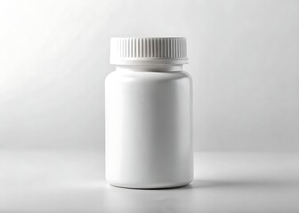 A simple white plastic bottle with a ribbed cap stands against a clean white background in a studio setting