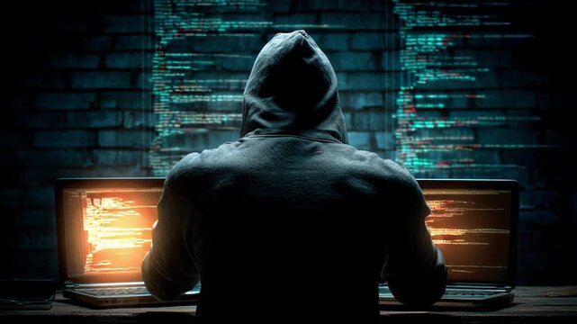 Mysterious Hacker Engages in Coding Session in Dark Room Illuminated by Computer Screen