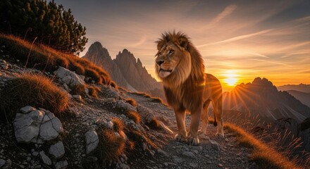 A majestic lion standing on a rocky hillside at sunset, with mountains in the background.