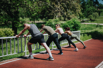 Obraz premium Four friends stretching together outdoors, demonstrating teamwork and focus on physical fitness.