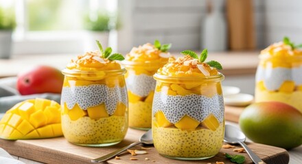 Three jars of mango chia pudding with fresh mangoes and mint leaves on a wooden table.