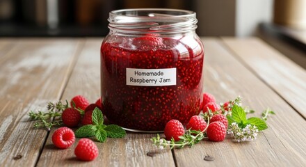 A jar of homemade raspberry jam with fresh raspberries and mint leaves on a wooden table.