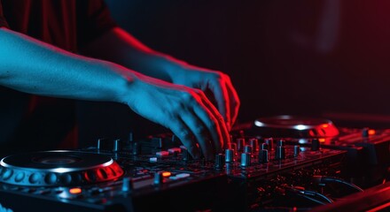 Hands adjust controls on music equipment under blue and red lights.