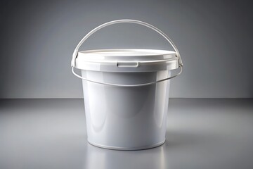 A clean white plastic bucket with a closed lid and a metal handle sits on a reflective surface