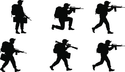 Silhouette soldiers with rifles, military combat poses, tactical army figures, armed forces silhouettes, war action stance, weapon training, battlefield illustration,