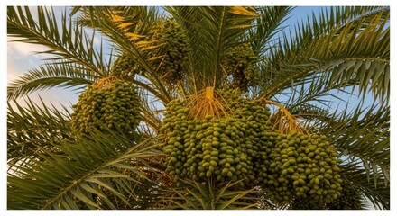 Green and yellow dates on a palm tree with a clear blue sky in the background.