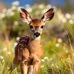 Young fawn in a field of wildflowers