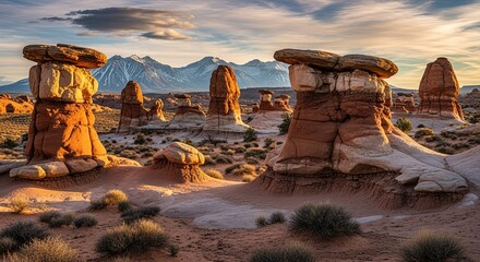 Stunning desert hoodoos with snow-capped mountains under a dramatic sunset sky, evoking adventure and natural wonder.