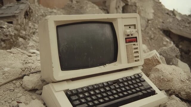 Old computer found in abandoned building ruins