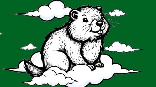Cartoon groundhog on clouds with green background illustration