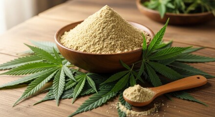 A bowl of cannabis powder with leaves on a wooden table.
