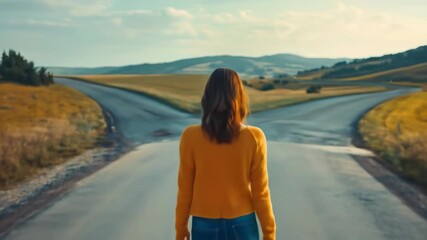 woman from behind walks at fork in road, facing choice between two paths. concept of decision-making, life's journey, and future possibilities.