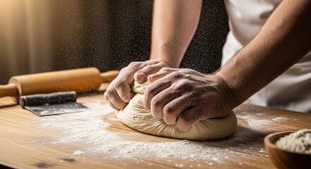 Hands expertly kneading fresh dough, dusting flour in warm, inviting bakery atmosphere, capturing artisan baking passion.