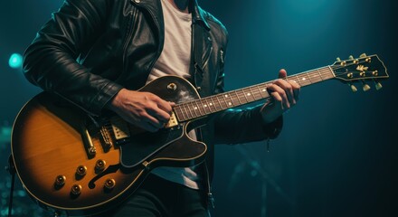 Obraz premium Musician plays electric guitar on stage in leather jacket.