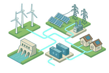 Isometric diagram of smart grid connecting renewable energy sources to storage and residential homes