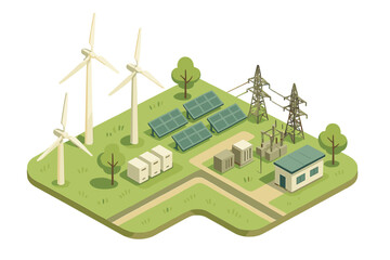 Isometric representation of a sustainable energy grid featuring wind turbines, solar panels, battery storage, and electrical transmission