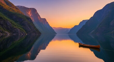 A serene lake with a canoe and mountains in the background at sunset.