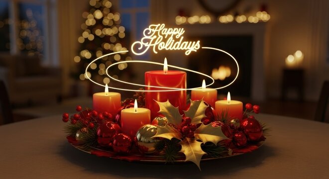 A festive holiday centerpiece with red candles, holly, and berries on a table in a warmly lit living room.