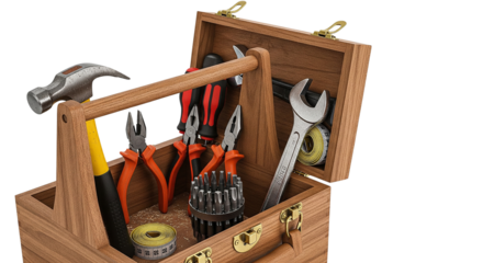 3d illustration of wooden toolbox with various tools isolated on transparent background, vintage container for equipment