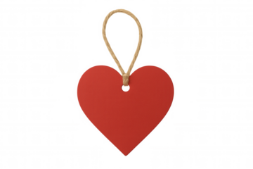 Red heart shaped gift tag with twine string hanging, conceptualizing love, romance, and valentine's day