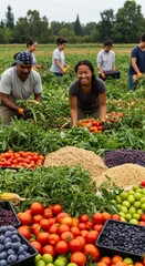 Diverse Group Harvesting Colorful Crops in Agricultural Field with Cloudy Sky