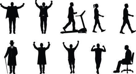Silhouette people poses, human figures in motion, walking, standing, sitting, exercising, flexing, cane support, fitness, victory gesture, abstract posture collection, activity illustration