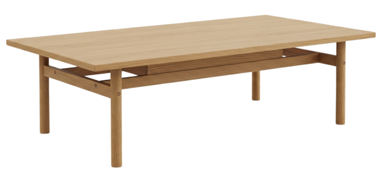 3d illustration of minimalist rectangular coffee table made of light oak wood, isolated on transparent background, perfect for modern living room