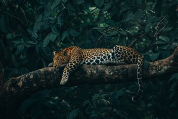 Leopard resting gracefully on a tree branch