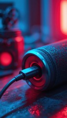 Naklejka premium Close up of a black microphone with a USB C cable plugged in illuminated by blue and red neon lights