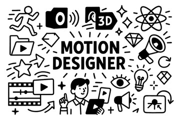 Motion designer doodle icons with animation, video editing and creative media elements, Transparent Background