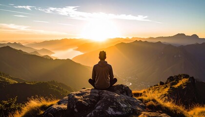 Silhouette of a person meditating on a mountain peak during a beautiful sunset or sunrise