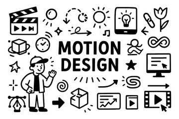 Motion designer doodle icons with animation, video editing and creative media elements, Transparent Background
