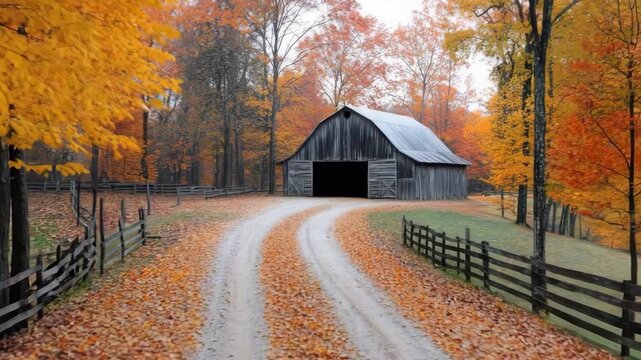 Beautiful autumn colors by barn on quiet country road